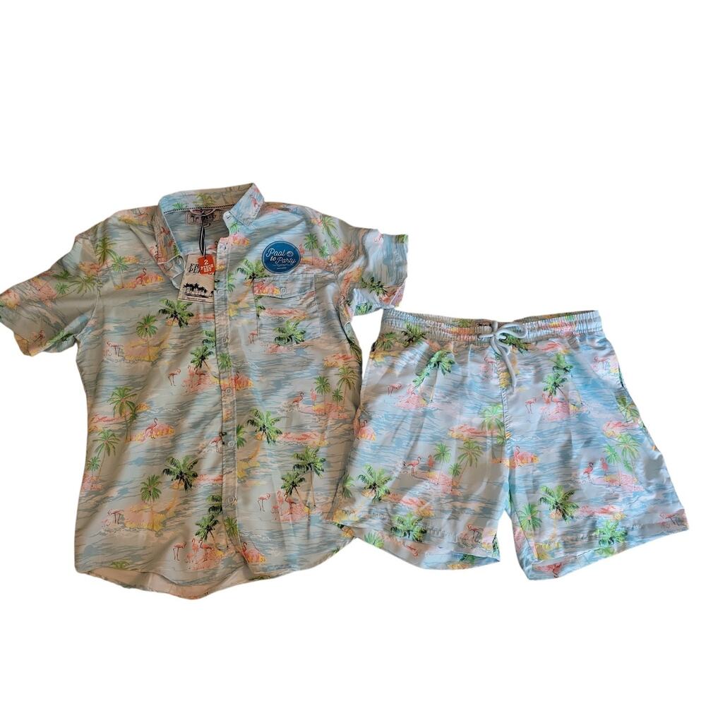 New Mens Free Planet Large Pool to Party Set Button Shirt Swim Trunks Hawaiian
